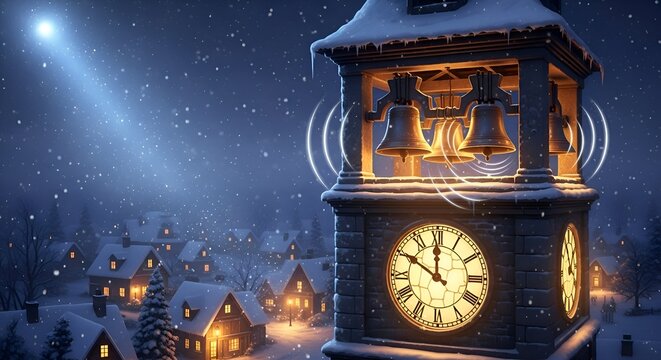 Magical winter night scene with glowing clock tower and falling snow