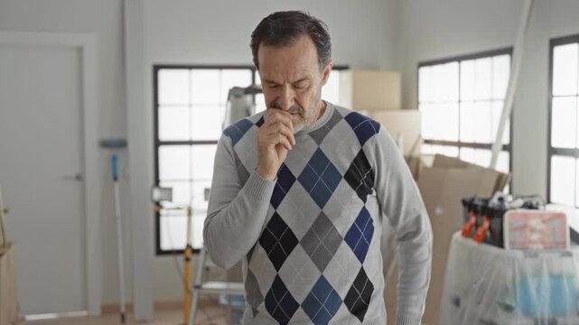 Man middleaged with hand to mouth, wearing argyle sweater, standing by packed moving boxes, ladder and covered furniture in a building; concern planning.