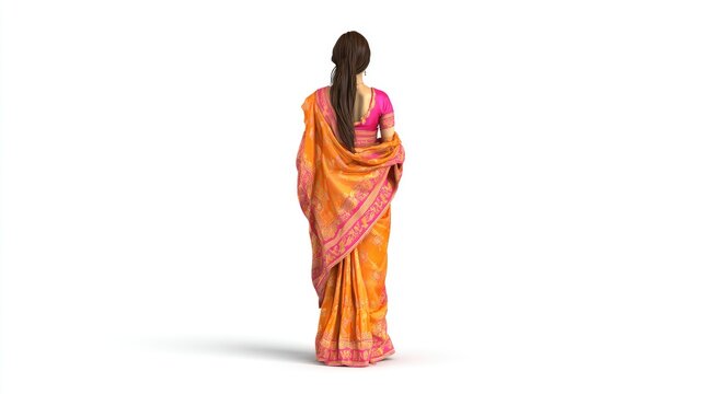 Rear View of a Woman in a Vibrant Orange and Pink Traditional Indian Sari