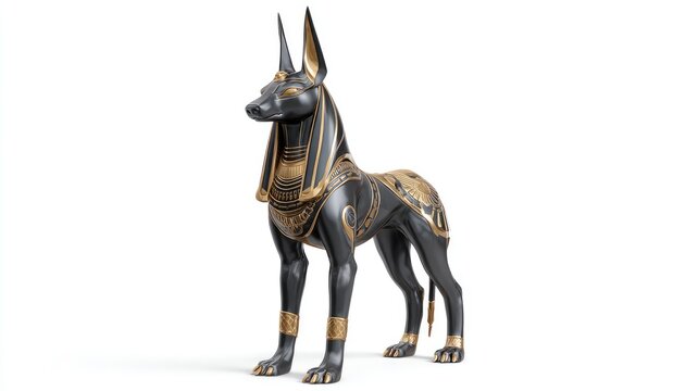Regal Anubis Guardian Statue in Sleek Black and Gold, Isolated on White