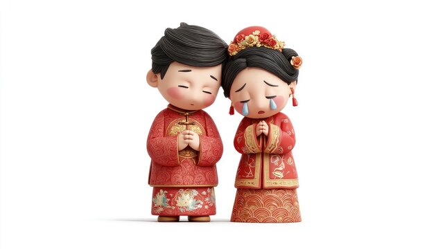 Sad Chinese Wedding: Stylized Couple in Traditional Attire, Crying on White Background