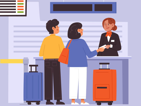 Airport check-in counter. Passengers with luggage receive boarding passes. Flat vector illustration