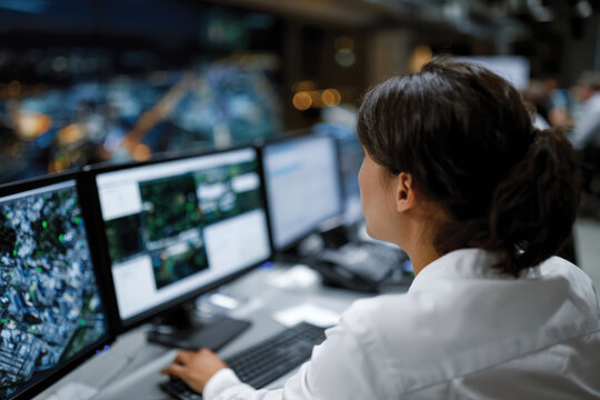 A woman is concentrated while working on multiple monitors in a control room, exemplifying the role of technology in modern operations and decision-making processes.