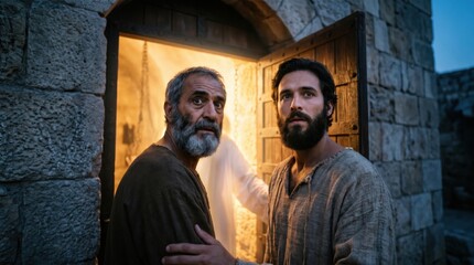 Fototapeta premium Two bearded apostles leaving prison after divine liberation by an angel. Biblical scene based on Acts 5. Dramatic escape from jail at night. Historic narrative for religious storytelling.