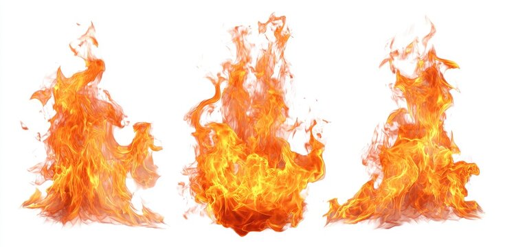 Three isolated flame renderings, showcasing orange and yellow hues against a white background
