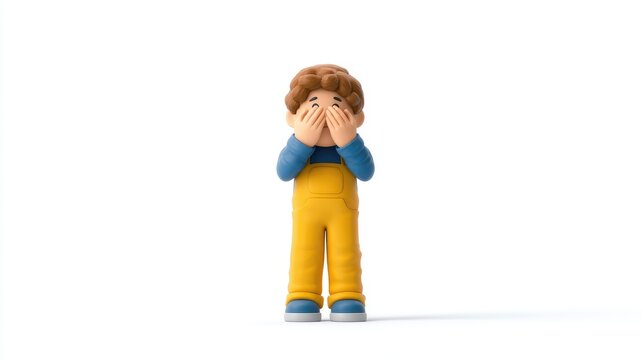 Shy 3D Cartoon Boy in Yellow Overalls Hiding His Face on a Minimalist White Background