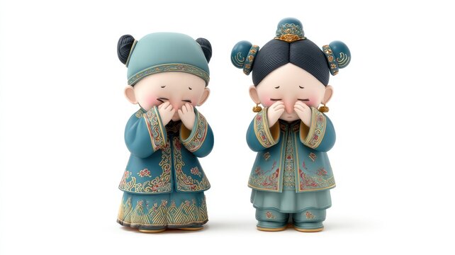 Shy Chinese Children Figurines in Ornate Teal and Gold Traditional Attire Rubbing Their Eyes
