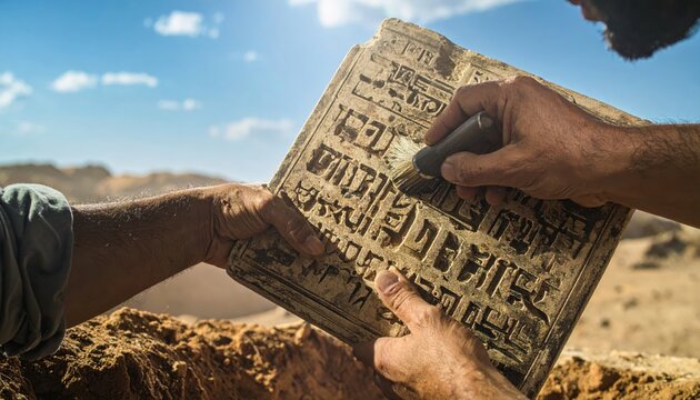 Archaeologist carefully brushes ancient Sumerian cuneiform tablet revealing historical inscriptions under a bright blue sky.