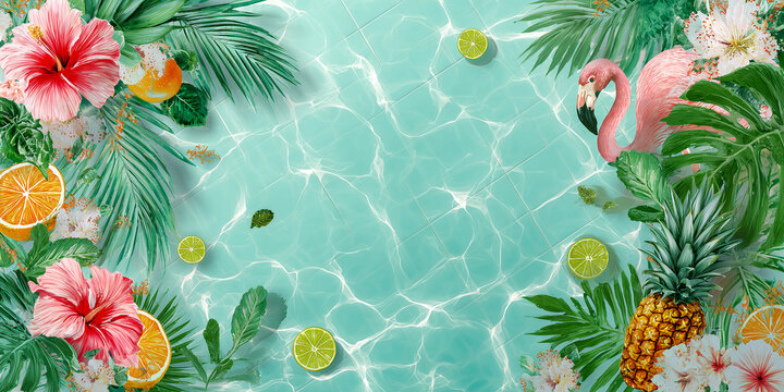 summer pool party invitation template with watercolor tropical foliage and flamingos on turquoise tile