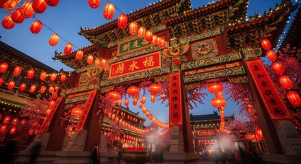 Fototapeta premium vibrant chinese temple gate with red lanterns at dusk