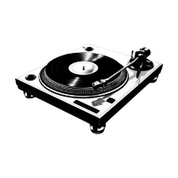 Vinyl record player in monochrome halftone style, dotted texture illustration of a turntable with tonearm, music and retro audio concept, isolated on white background.