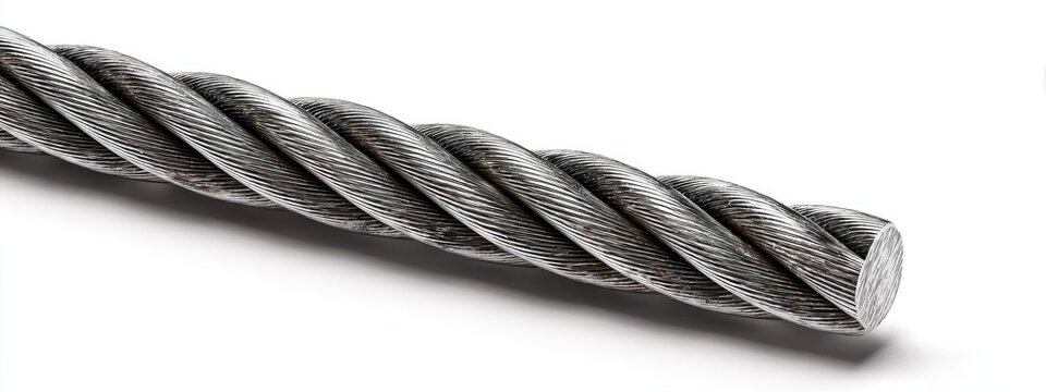 Close-up of a twisted steel cable, revealing its strands against a white background