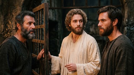 Fototapeta premium Angel leading apostles out of prison. Biblical scene from Acts of the Apostles. Supernatural deliverance of prophet from jail. Divine intervention and holy mission, religious history.