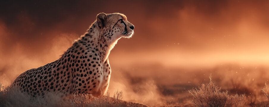 majestic cheetah with hopeful intense gaze sitting in warm golden heat haze