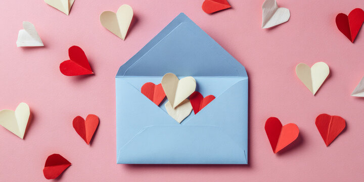 Blue envelope holds red and white hearts romance and love spread Romance and love spread