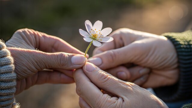 自然の中で一輪の白い花を一緒に持つ2人の手のクローズアップ。花を渡し合う優しさと絆の表現
