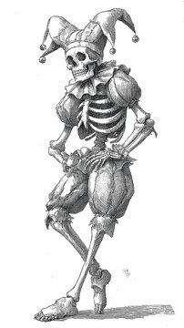 Same skeletal jester with hat and ribcage on white background, but with slightly darker ink tones, more defined skull details, enhanced texture on the bones, same rough sketch style and pose
