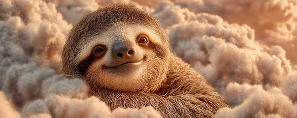 Fototapeta premium blissful smiling three toed sloth hanging contentedly in soft pastel mint green clouds