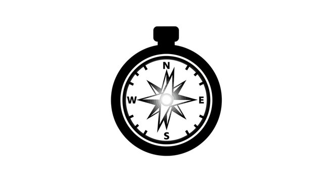 Black and white compass illustration with a minimalist design against a plain white background.