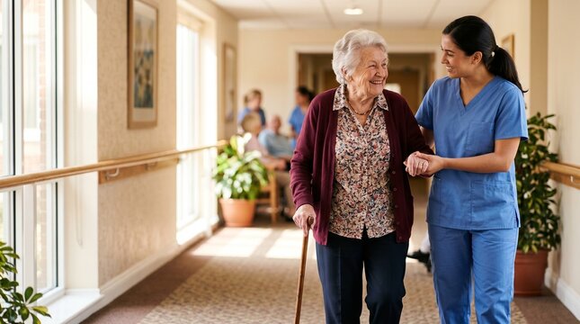 Walking Hand-in-Hand: A touching scene captures a caregiver assisting a senior woman as they walk down a sunlit hallway, embodying care and support. 