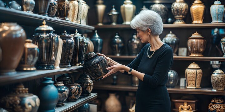 展示場で黒い陶器の骨壺を手に取るシニア女性。黒いドレスを着た高齢女性の終活。供養のための容器選び
