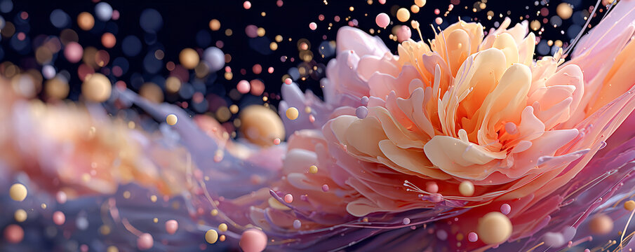 dynamic illustration with abstract frozen pink and peach cosmetic powder splash and particles background