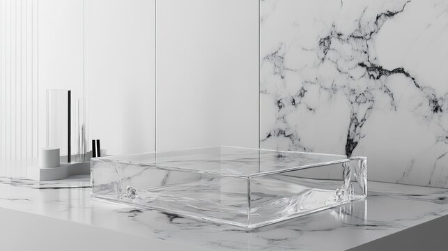 大理石のテーブルに置かれた透明なガラスの箱。高級感のあるプロダクト展示用の背景。現代的なインテリアデザイン