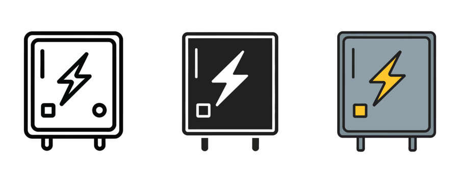 Electrical panel icon, power distribution graphics, circuit breaker box symbols, industrial energy control concept, vector illustration