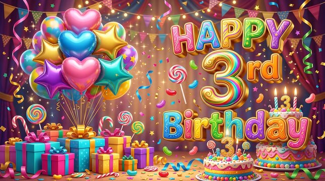 Colorful Happy 3rd Birthday Party Scene with Heart Balloons Cake Candles Gifts and Confetti