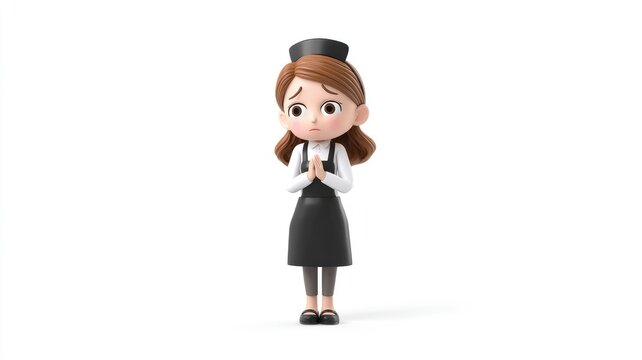 Sorrowful 3D cartoon waitress in uniform, clasping hands in a sincere apology.