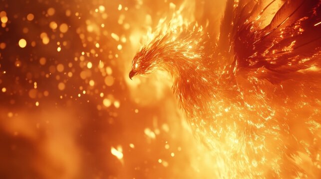燃え盛る炎の中から現れる不死鳥。火の粉が舞う神話の鳥。力強い再生の象徴