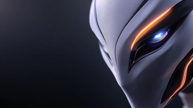 白い装甲と青い瞳のロボット。ミニマルな近未来デザイン。人工知能と高度な技術の象徴