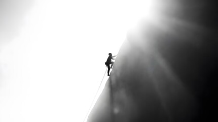 Dramatic silhouette of rock climber ascending vertical cliff in sun.