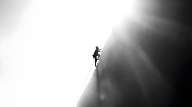 Dramatic silhouette of rock climber ascending vertical cliff in sun.