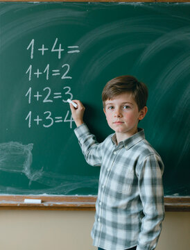 Portrait of Caucasian schoolboy writing simple math equations on chalkboard, demonstrating early learning and classroom education. Useful for school promotion, tutoring, literacy campaigns