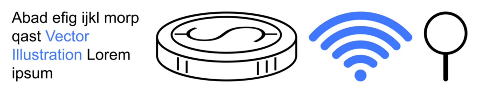 Cryptocurrency, wireless communication, internet search, digital economy, fintech, online payments. A coin, wireless symbol and magnifying glass icon. Cryptocurrency and wireless communication