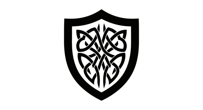 Black Celtic Knot Design within a Shield Shape isolated white background