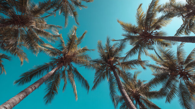 Palm Trees Against Blue Sky. Tropical Summer Nature Background.,