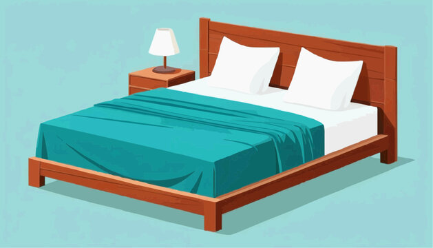 Modern wooden bed with pillows, teal blanket, flat vector, minimal style, solid colour background.vector illustration.
