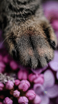 Scatto macro di una zampa felina, raggi di sole che evidenziano la texture del pelo e i cuscinetti traslucidi, grappolo di ortensie rosa sotto, alto contrasto, estetica pacifica e carina