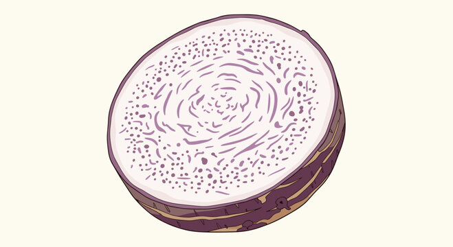 Circular cross-section of a purple yam, revealing its intricate, starchy purple interior and textured skin, a unique tropical root vegetable.
