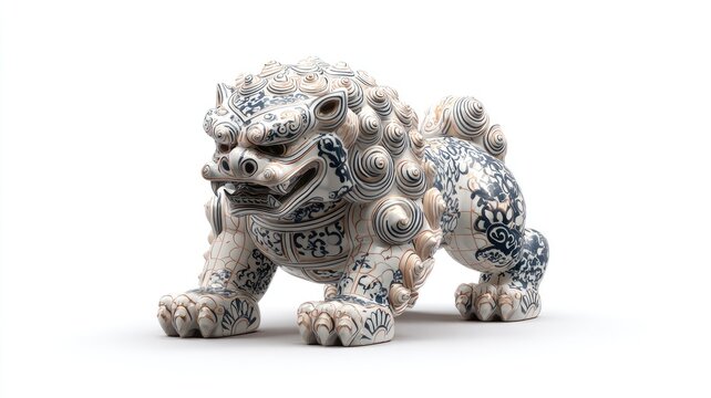 Stylized Porcelain Guardian Lion with Intricate Blue and Copper Swirl Patterns