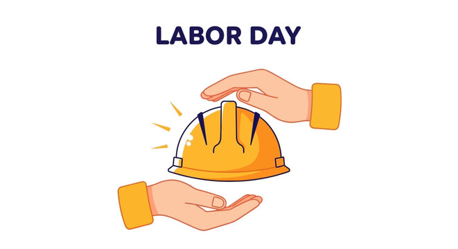 Hands protecting yellow hard hat for Labor Day illustration