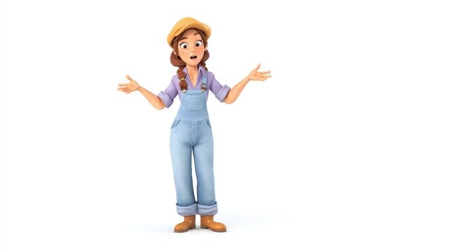 Surprised 3D Cartoon Farmer Woman Shrugging with a Confused Expression