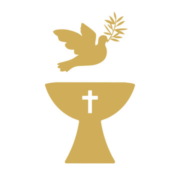golden baptismal font and dove with olive twig; ideal for Christian baptism invitations, religious ceremony programs, and faith-themed graphic projects- vector illustration