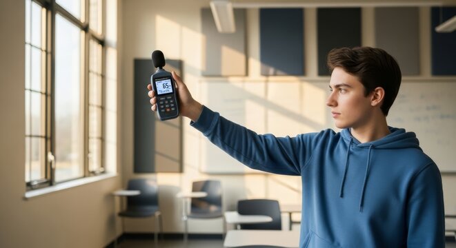Student Measures Sound Level With Decibel Meter in Classroom