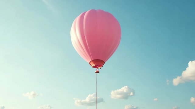 A vibrant pink hot air balloon floating gently in a clear blue sky, surrounded by soft clouds. The image evokes a sense of adventure, freedom, and tranquility.