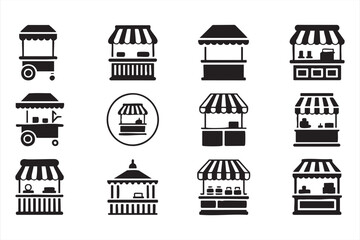 Market stall icon set, street vendor shop kiosk and food cart symbols for retail trade and ecommerce UI © Icon Nest