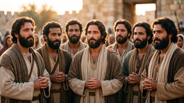 Group of seven men representing the chosen deacons of the Apostles standing together in ancient Jerusalem. Bible scene from Acts of the Apostles chapter six, faith and spirituality.