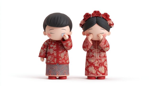 Tender Tears: Adorable Chinese Wedding Figurines of a Crying Bride and Groom in Red.